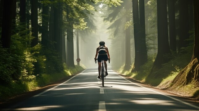 sport biker woman riding bicycle on street arond with forest, Generative AI - Powered by Adobe
