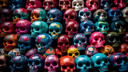 Fototapeta premium Dia de los muertos. Skull. Calavera, calavera de azucar, sugar skull. Pattern of colorful skulls, dia de los muertos
