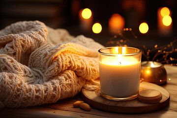 Obraz na płótnie Canvas Winter Relaxation: Reading by Candlelight with a Beige Woolen Plaid