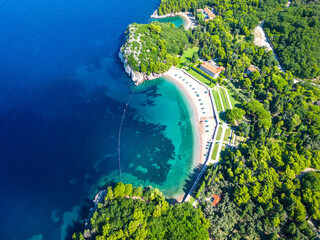 Queen's Beach in Milocer, Montenegro. Aerial view of sea waves and coast, Montenegro. Balkans. Europe.