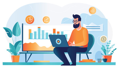 Data analysis to increase sales and revenue. Flat line vector illustration of cute man sitting with laptop and working with growing graph. Business data analytics concept isolated.