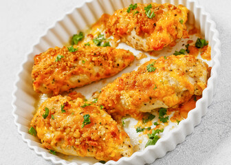 baked chicken breasts under cracker cheese crust