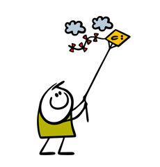 Happy little boy holds a thread in his hands and launches a kite. Vector illustration of a child playing a toy, flying in the sky, fun summer game.