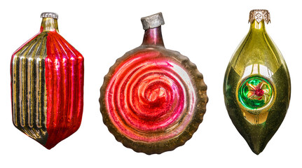 Vintage multicolored glass toy for Christmas tree decoration close-up isolated on transparent background set 3 pieces.
