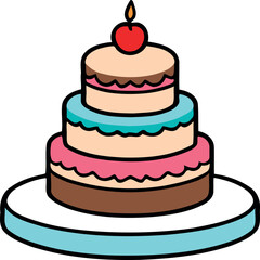 Birthday, wedding, tart cake with candle in flat color vector design in white background