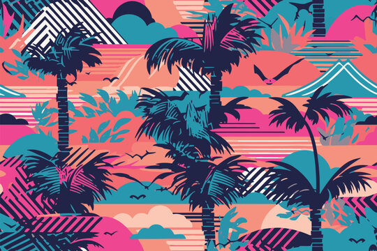 Retrowave exotic leaves summer funky shirt seamless pattern. 80s 90s pop art memphis style. Miami or Hawaii style. Expressive ornament for textile, wrapping. Vector.