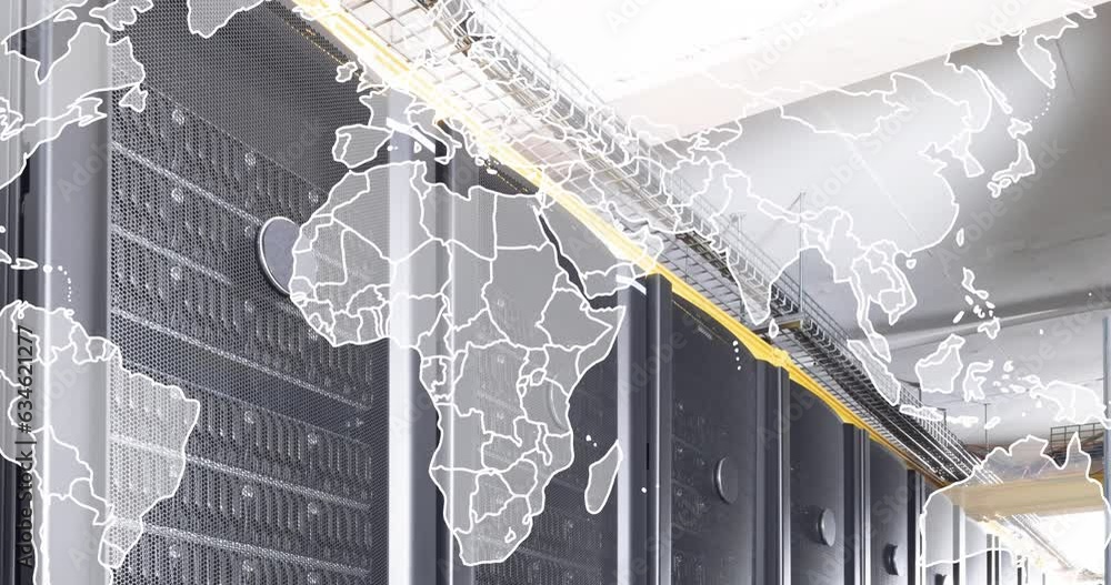 Poster animation of world map against computer server room