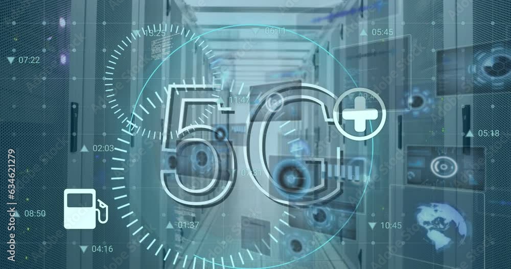 Poster animation of 5g text banner, digital icons and data processing against computer server room