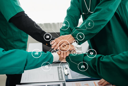 Doctor works with mobile devices on the Internet in the office. on hologram modern VRl icon