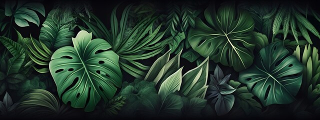 Tropical leaves background, banner with green floral pattern, generative AI.
