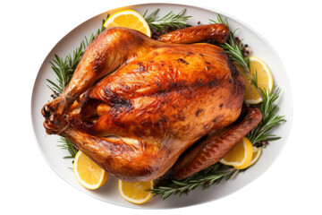 Thanksgiving roasted turkey isolated on white transparent background, top view, PNG