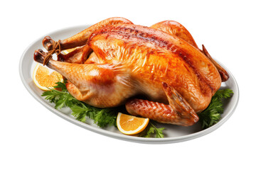 Thanksgiving roasted turkey isolated on white transparent background, above view, PNG