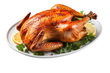 Thanksgiving roasted turkey isolated on white transparent background, above view, PNG