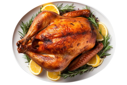 Thanksgiving roasted turkey isolated on white transparent background, top view, PNG