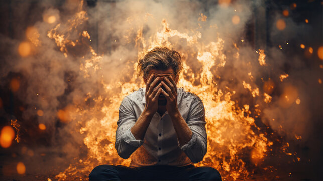 The concept of emotional and professional burnout. A man in an office suit with an expression of desperation sits in a fire.