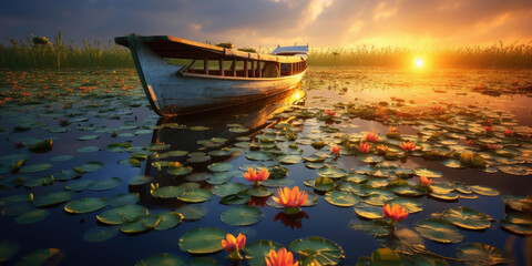 Sunset on a lake with an empty boat and flowering water lilies.
