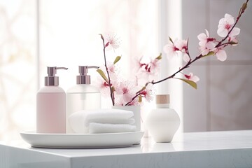 Cosmetic and beauty products for bath spa in white bottles, a branch of spring pink sakura flowers, toiletry on the table in soft light white bathroom interior in geometric simple urban. Generative AI