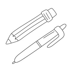Pencil with eraser and ballpoint pen. Outline doodle Stationery, office supplies. Simple hand drawn icons. Black and white vector illustration isolated on a white background