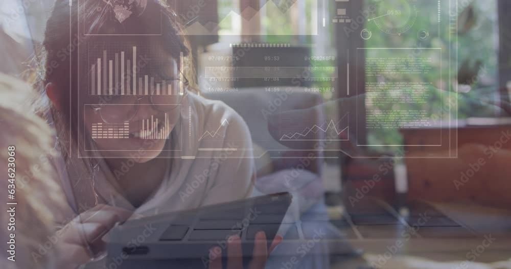 Poster animation of interface with data processing against asian girl using tablet on the couch at home