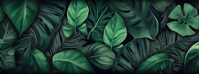 Obraz na płótnie Canvas Tropical leaves background, banner with green floral pattern, generative AI.