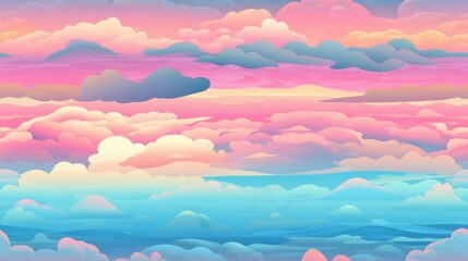 Fototapeta na wymiar Seamless texture - pastel color early morning sunrise cloudscape over ocean horizon of blue, pink and orange hues - generative AI