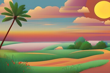 Summer Landscape in beautiful colors. 2d Animation Style illustration. Children Story Book Illustration. Kids Cartoon Background. Generative AI