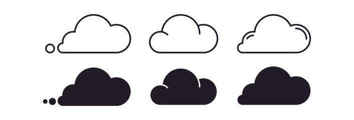 Cloud icon set - cloud vector outline and solid style. vector illustration. black and white cloud silhouette
