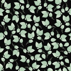 Naklejka premium Liana spreads green leaves creeper seamless pattern background on black