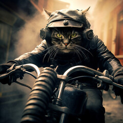 czarny  kot  na  motocyklu, druga wojna światowa  - obrazy, fototapety, plakaty