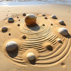 Fototapeta na wymiar stones on the sand, solar system, generative ai 