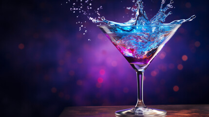 Fototapeta na wymiar Martini cocktail splashing in blue and purple smoky