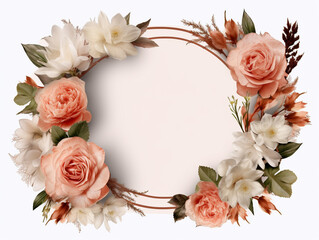 Fototapeta na wymiar Sepia wild rose vintage floral circle frame in watercolor style on white background. Template for Text generative AI photo
