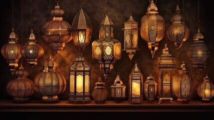 Obraz premium Islamic holiday background. Muslim Holy Ramadan Kareem Ornamental Arabic Lantern metal. Ai generated