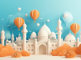 Islamic Eid Mubarak background, Ramadan Kareem, mosque, moon, lantern. Paper art style. Ai generated