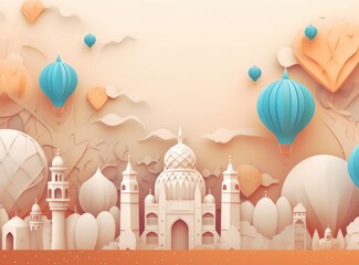 Islamic Eid Mubarak background, Ramadan Kareem, mosque, moon, lantern. Paper art style. Ai generated