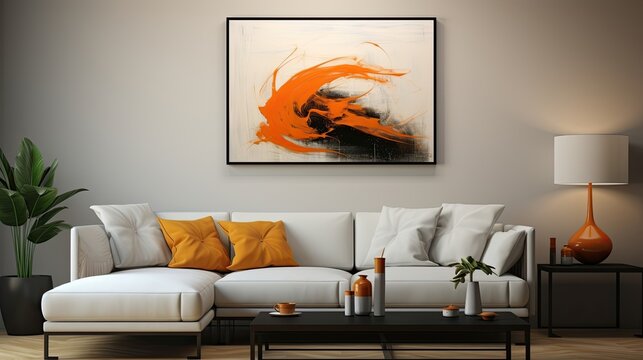 Modern livingroom with a sofa  and an abstract painting hnging on a wall