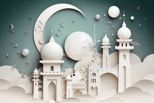 Islamic Eid Mubarak background, Ramadan Kareem, mosque, moon, lantern. Paper art style