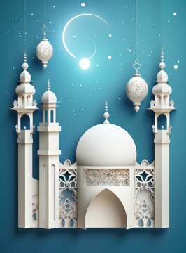 Islamic Eid Mubarak background, Ramadan Kareem, mosque, moon, lantern. Paper art style