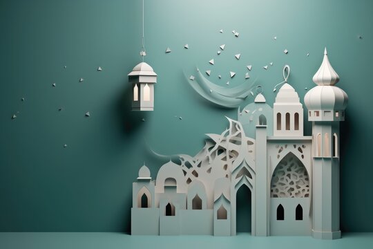 Islamic Eid Mubarak background, Ramadan Kareem, mosque, moon, lantern. Paper art style
