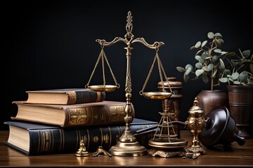 Judge gavel, scales and books on white background