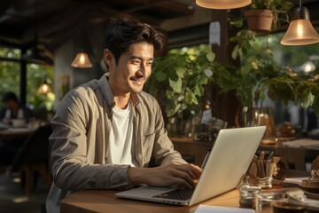 Fototapeta premium Asian man working with his laptop in traditional teakwood office. Generative AI.