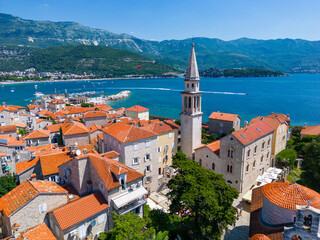 Naklejka na ściany i meble City of Budva in Montenegro. Aerial view of Old Town. Popular tourist destination in Montenegro. Balkans. Europe.