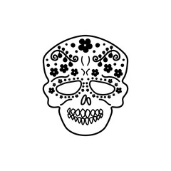 Hand drawn simple doodle Sugar Skull with floral ornament. Day of the Dead symbols clipart. Isolated on white background.