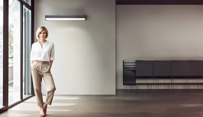 immagine di giovane donna in abbigliamento informale, ambiente di lavoro luminoso e spazioso alle spalle