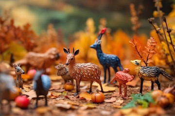 Abstract colorful forest with trees, deers and birds made of paper. Generative AI