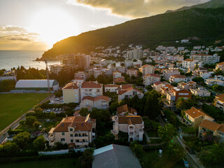Petrovac na Moru Aerial View. Beaches and coastline of the Adriatic Sea at summer time. Natural...