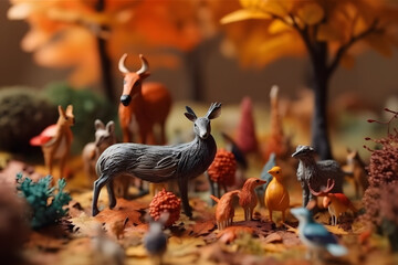 Abstract colorful forest with trees, deers and birds made of paper. Generative AI