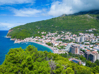 Petrovac na Moru Aerial View.  Beaches and coastline of the Adriatic Sea at summer time.  Natural...