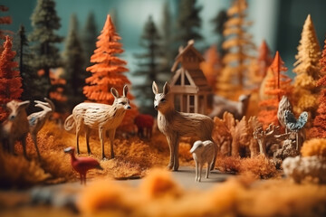 Abstract colorful forest with trees, deers and birds made of paper. Generative AI