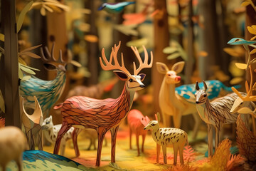 Abstract colorful forest with trees, deers and birds made of paper. Generative AI